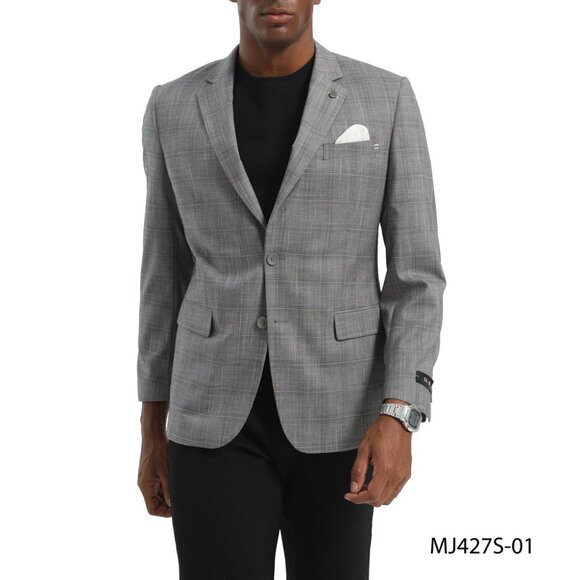 Grey Textured Windowpane Notch Lapel Slim Fit Tazzio Men's Jacket - Picture 1 of 4